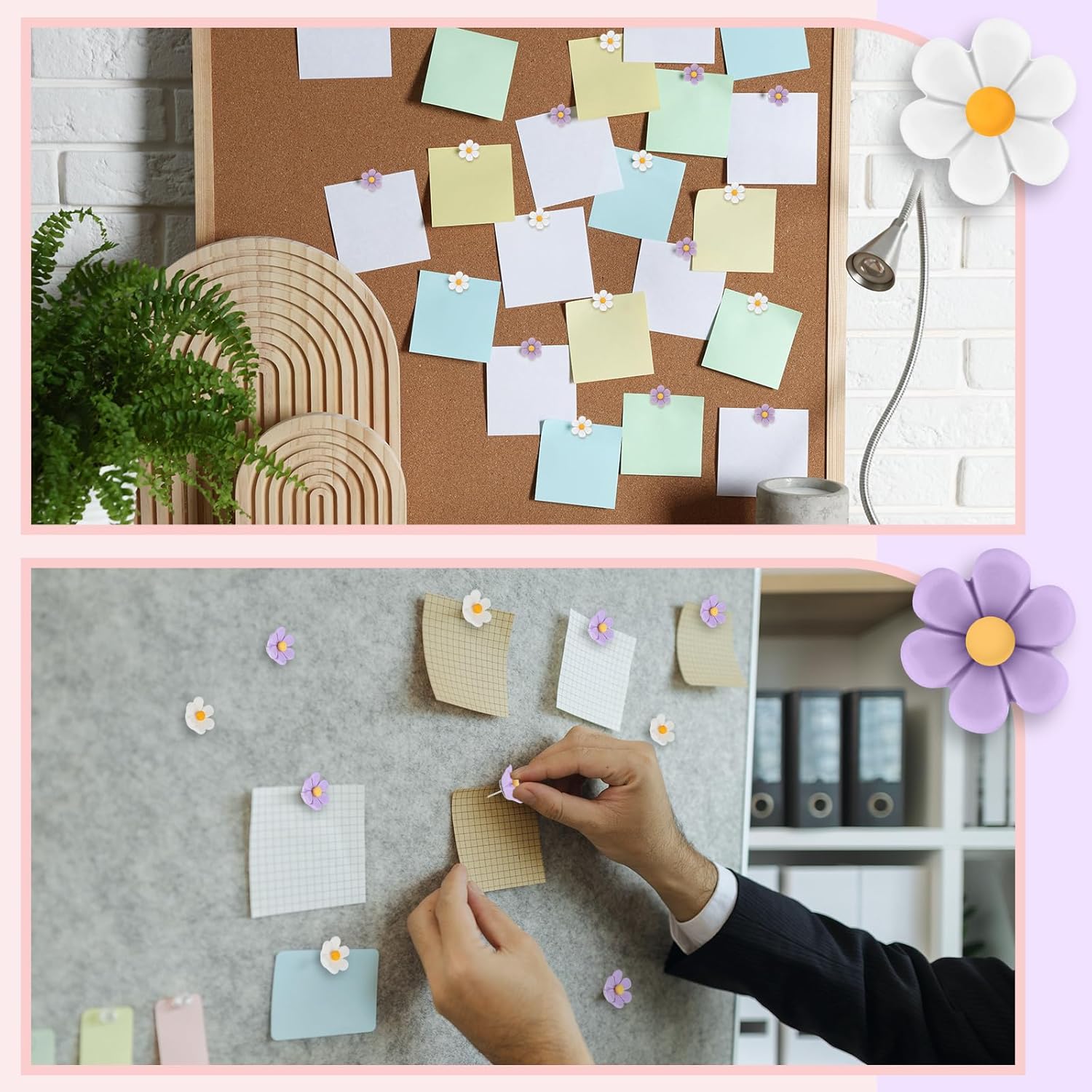50 Pcs Flower Push Pins Cute Push Pins for Cork Board Decorative Floret Wall Thumb Tacks for Bulletin Board Office Hanging Photo Poster Wall (Purple,White)